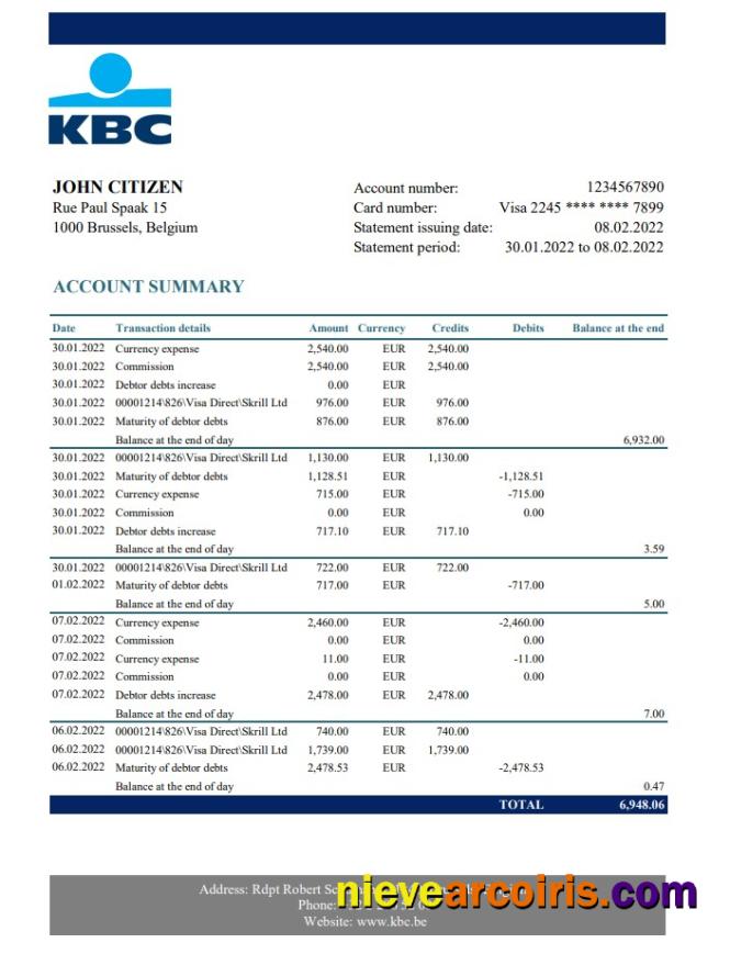 Belgium KBC bank statement